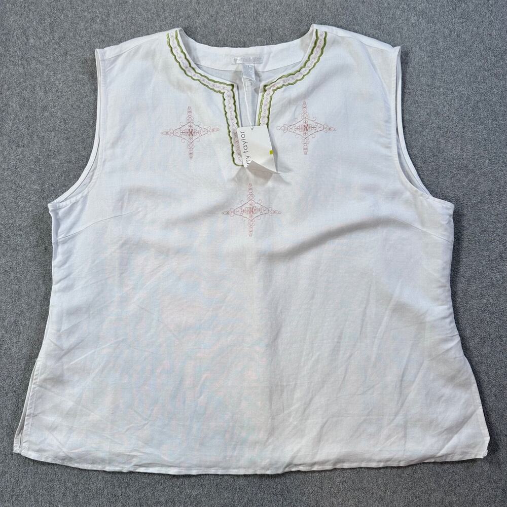 Sherry Taylor Embroidered Split Neck Top Women's 2X White Pink Green Sleeveless